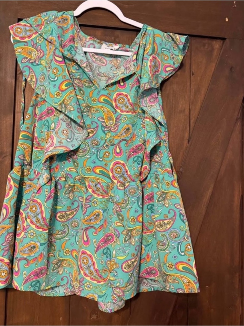 Womens Teal Paisley Ruffle top